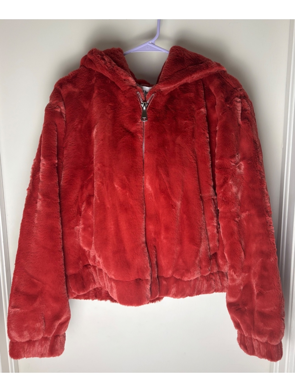 The Drop Sloane Women’s Large Red Faux Fur Hooded Bomber Jacket Y2K